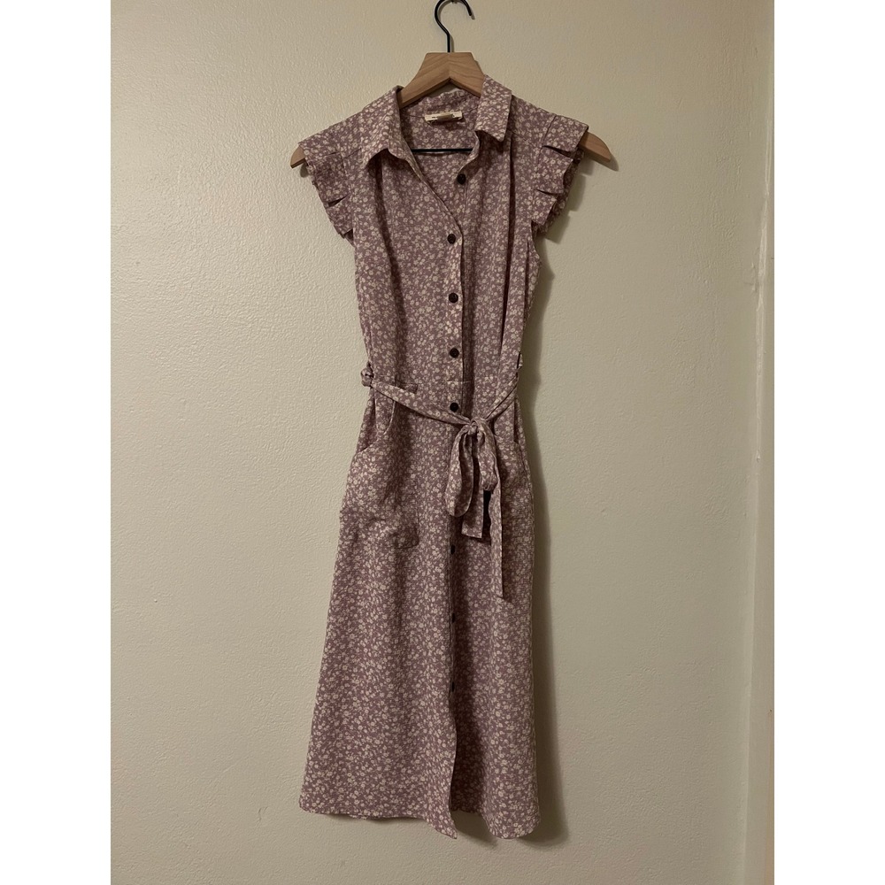 Monteau Los Angeles Purple Floral Ruffle Sleeve Midi Shirt Dress XS